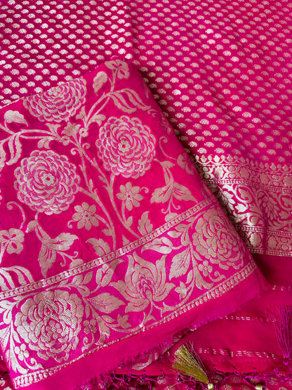 Hot pink khaddi georgette 2 pieces set, heavy zari work.