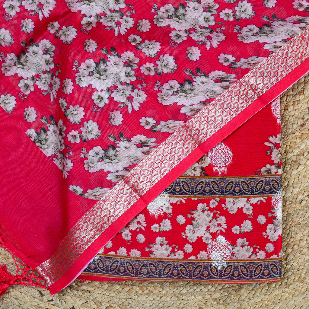 Red Chanderi silk printed suit set