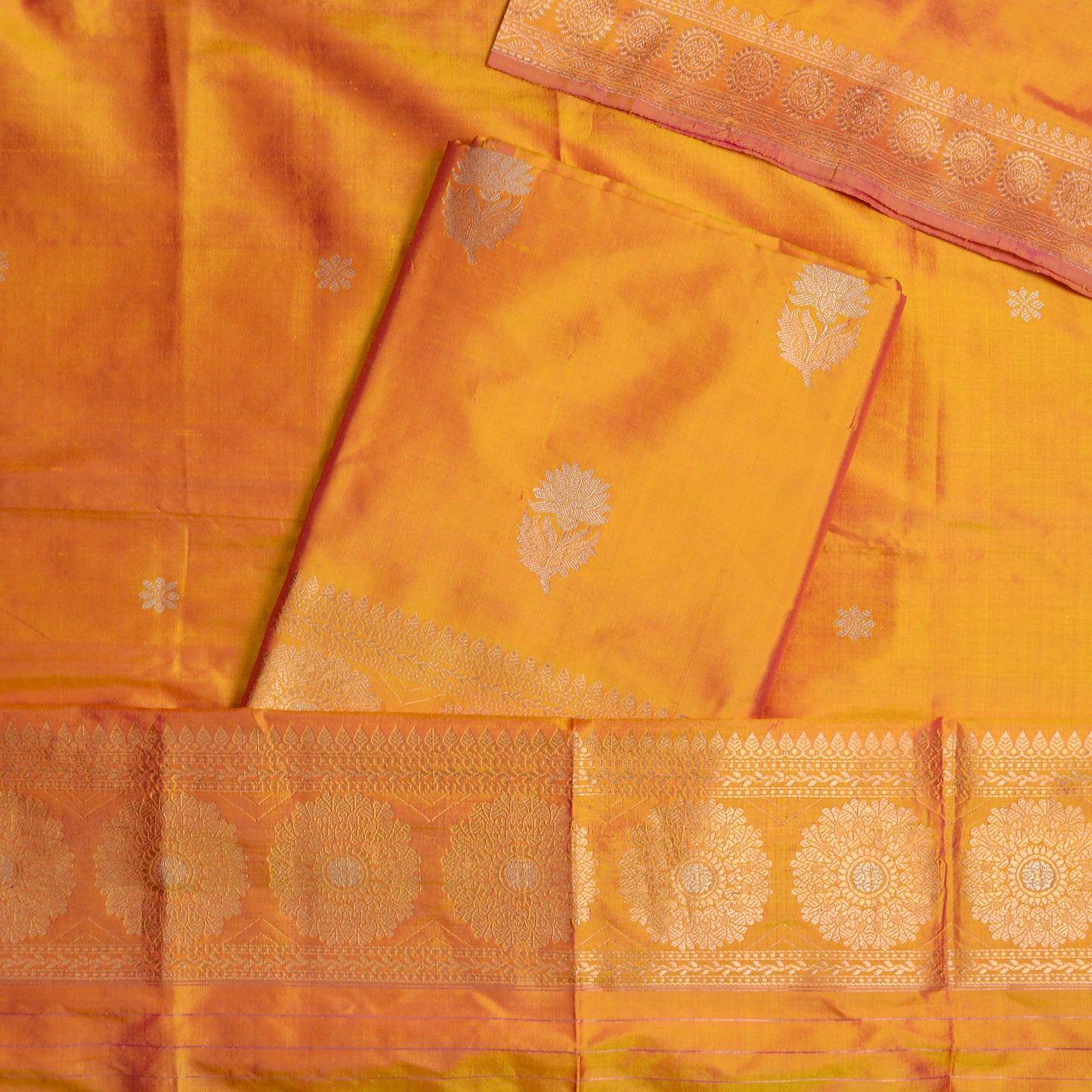 Mustard yellow dhoop chau katan silk suit