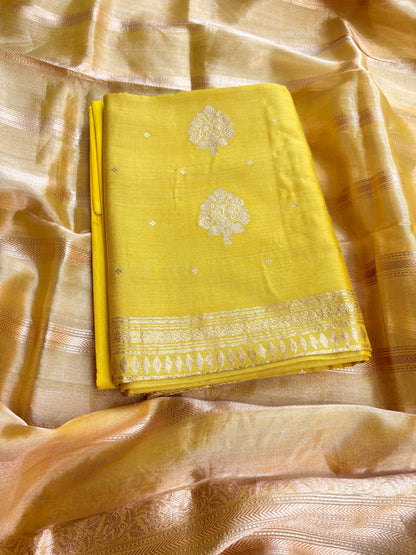 Lime yellow moonga silk kurta, bottom and tissue kadhwa dupatta