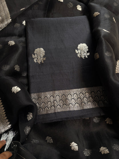 Black silver zari Chiniya silk suit set