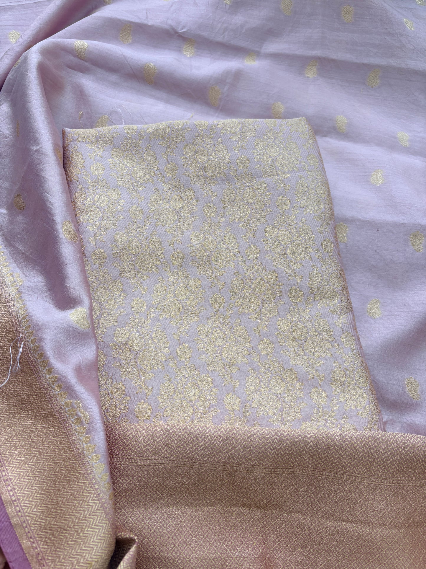 Pink brocade Chiniya silk suit set with lavender salvage