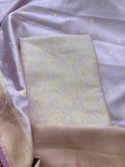 Pink brocade Chiniya silk suit set with lavender salvage