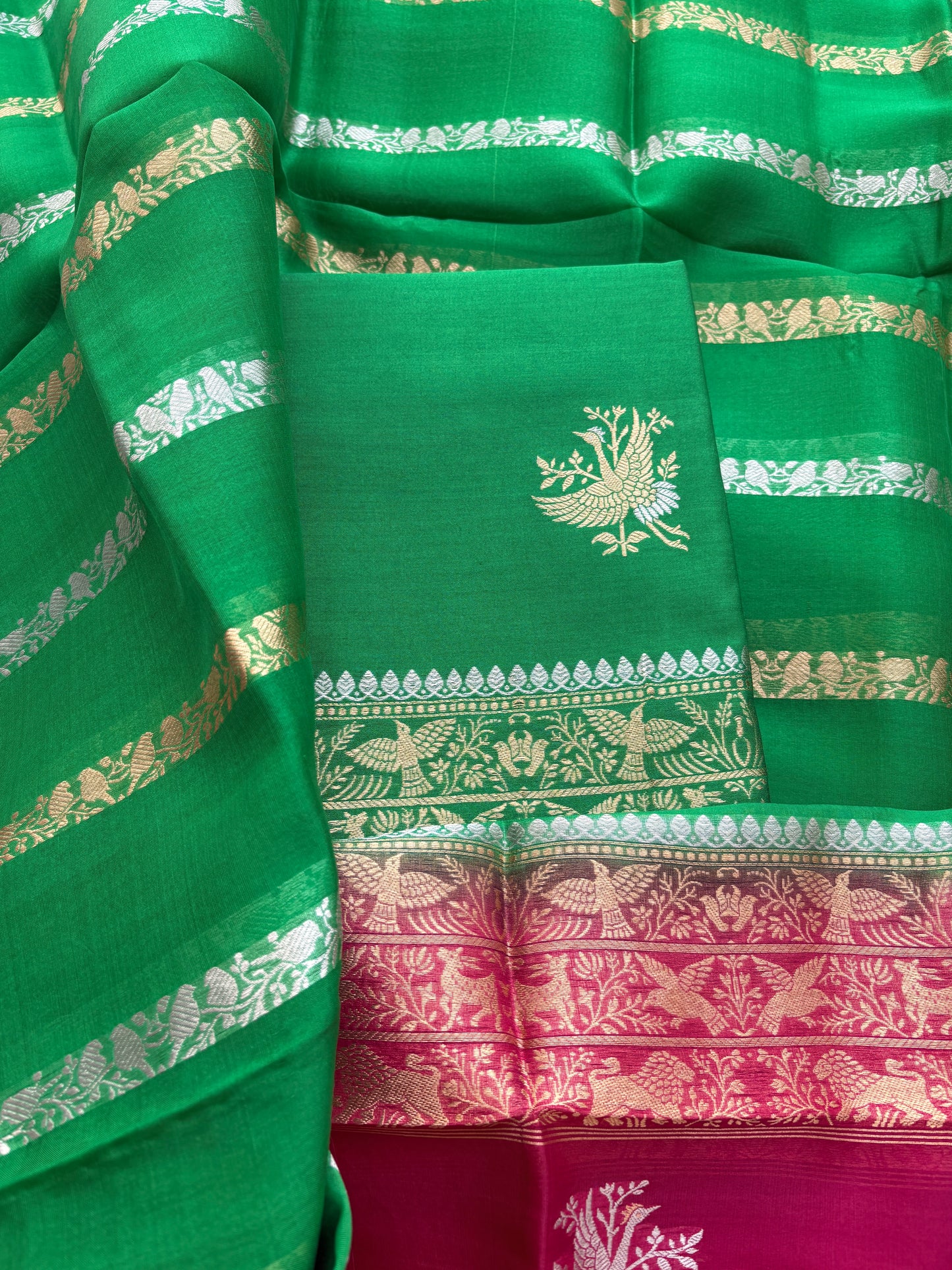 Green mango silk with kora silk stripe dupatta