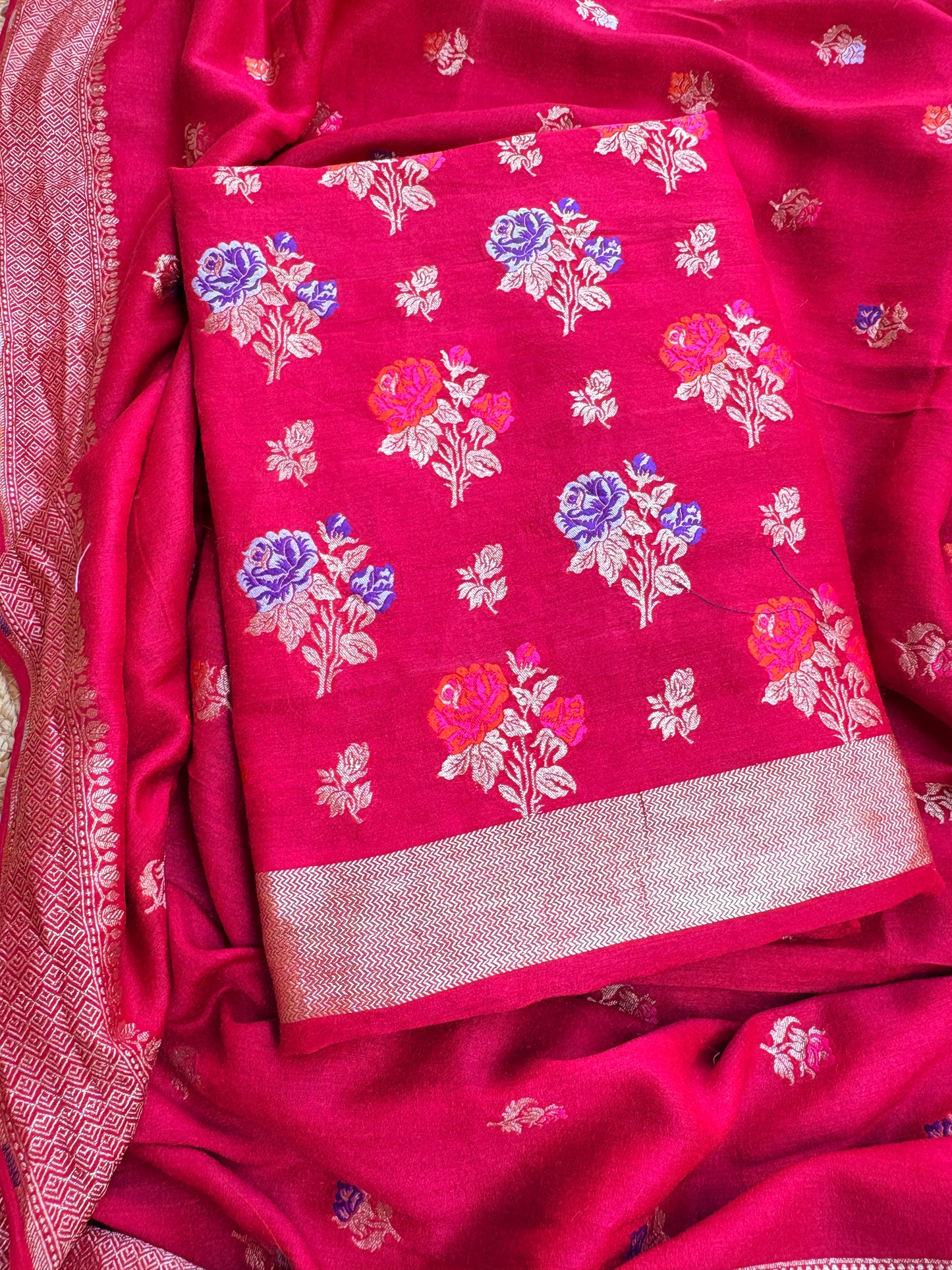 Red moonga silk meenadar flower weaving suit set
