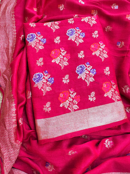Red moonga silk meenadar flower weaving suit set