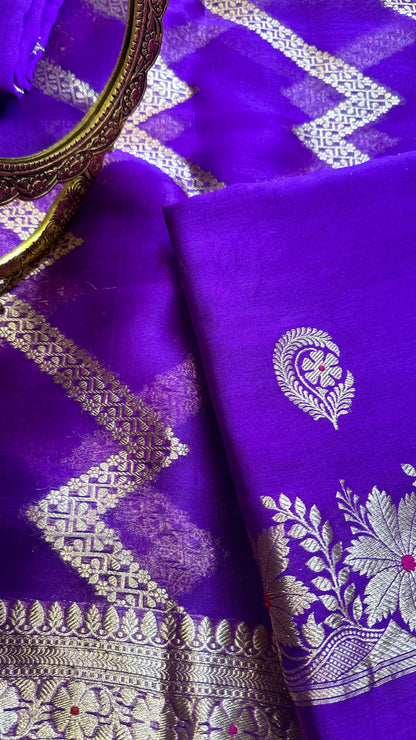 Purple chiniya meenadar suit set, kora silk dupatta, plain silk bottom.