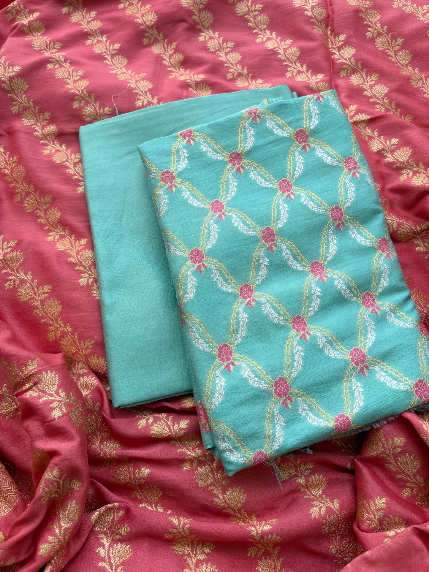 Blue and peach Chiniya silk suit set