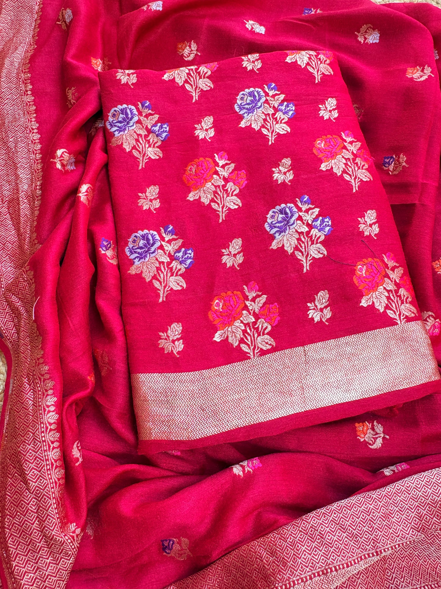 Red moonga silk meenadar flower weaving suit set