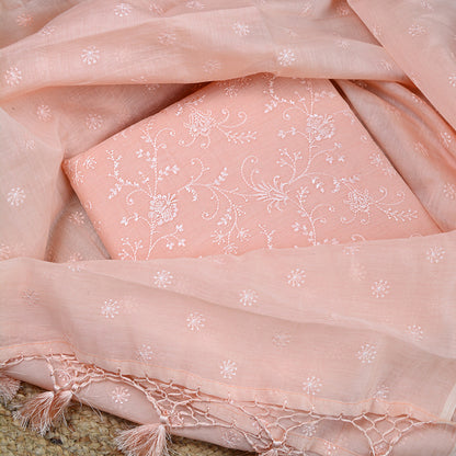Peach embroidered mul chanderi suit set
