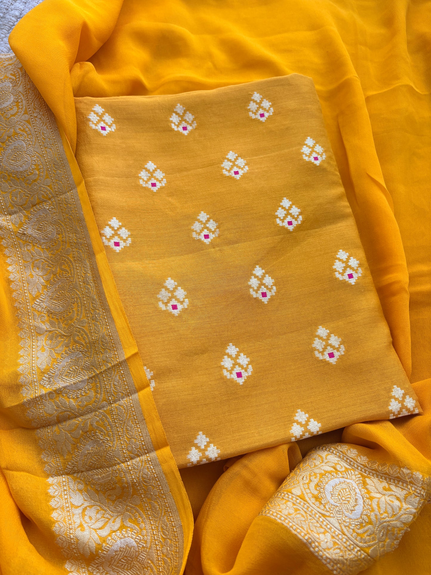 Yellow moonga silk suit with  Khaddi chiffon dupatta