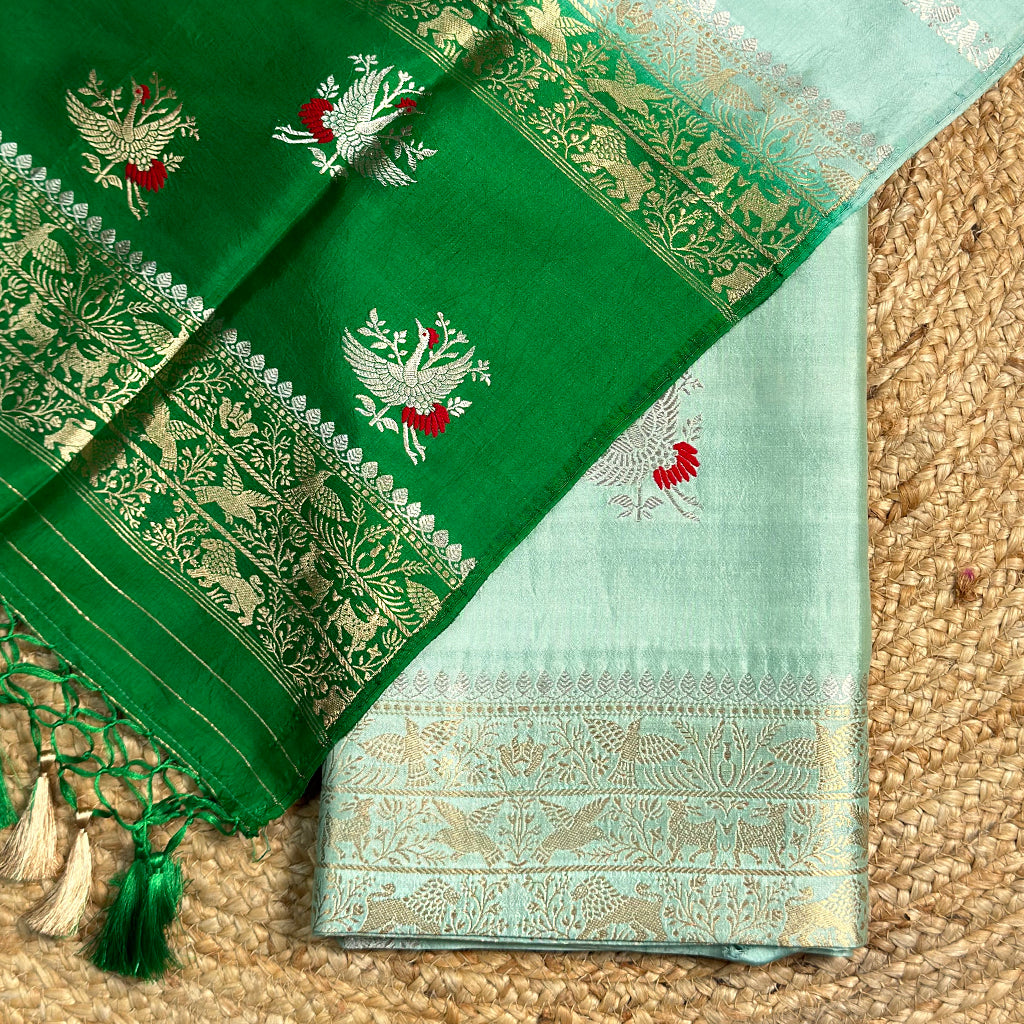 Sea green silk suit with shaded dupatta