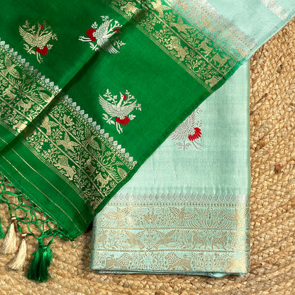 Sea green silk suit with shaded dupatta