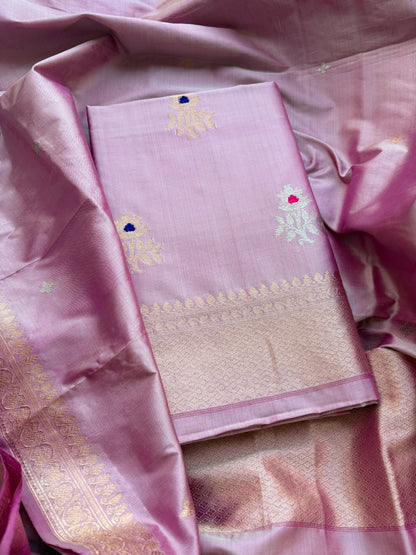 Pink lavender katan by katan silk kadhwa suit set