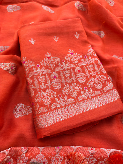 Orange moonga silk suit set kadhwa weave