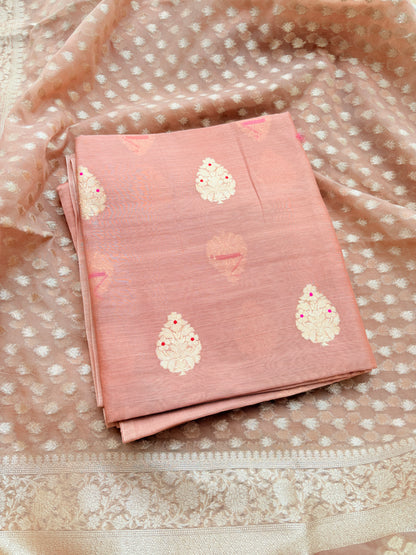Peach handloom silk suit set with cutwork Kora dupatta