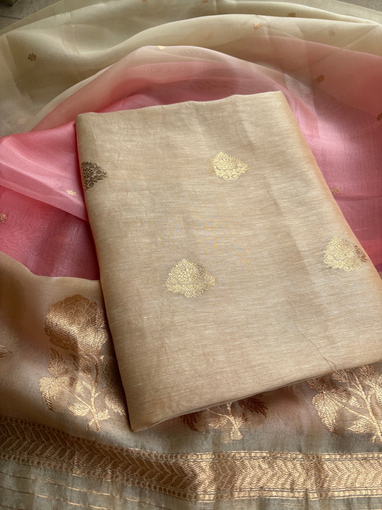 Beige linen silk kurta with kora silk dupatta