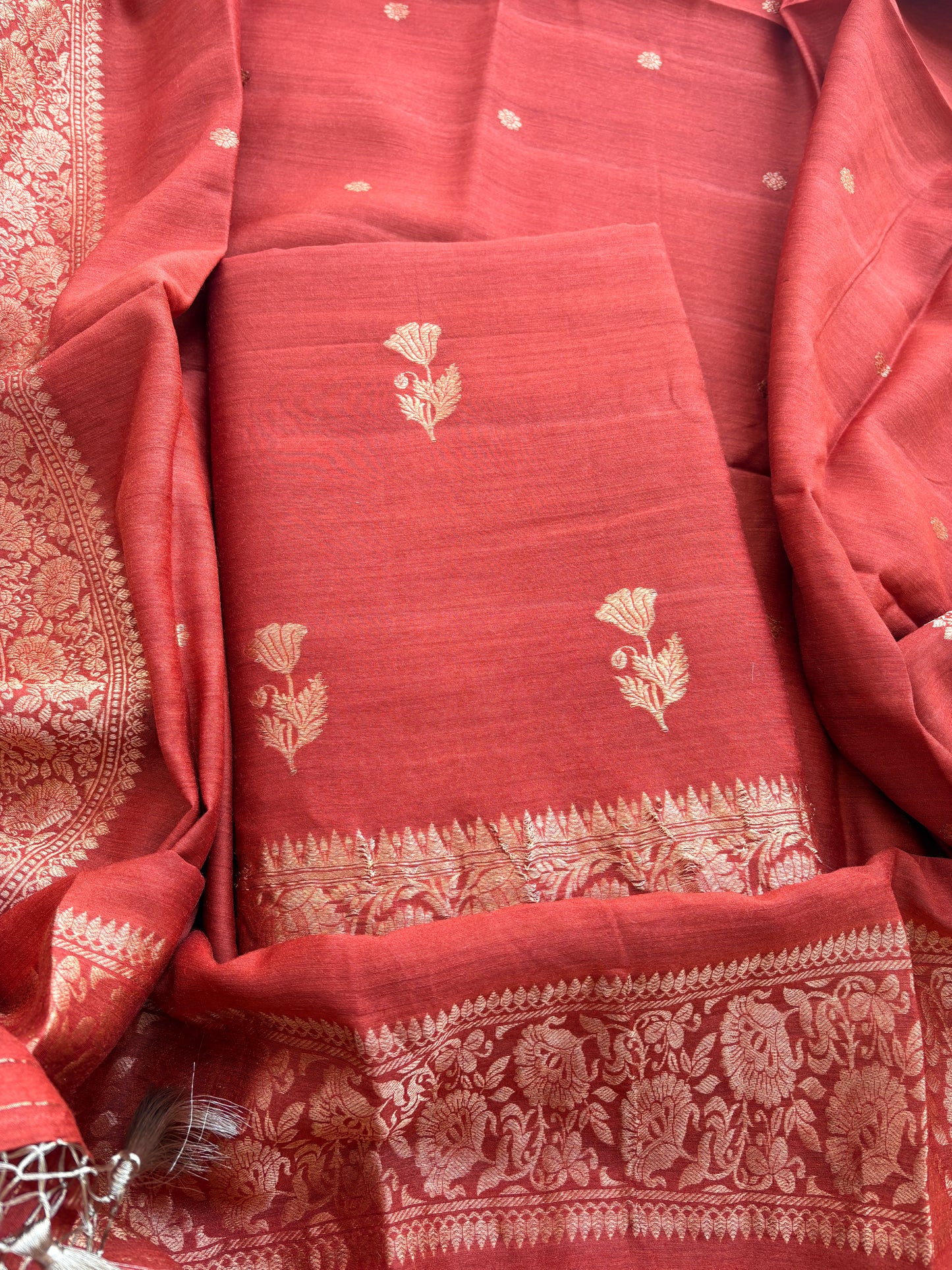 Rust raw silk tussar kadhwa suit set