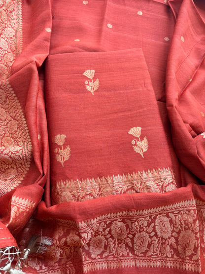 Rust raw silk tussar kadhwa suit set