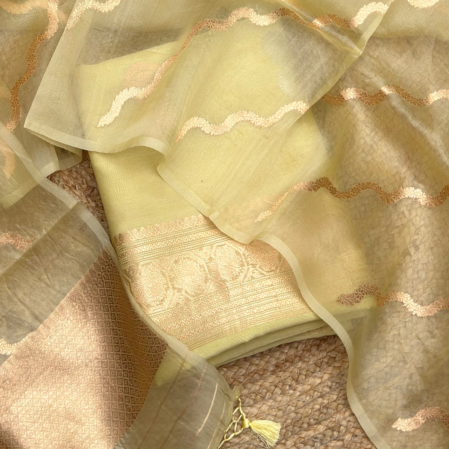 Lime yellow handloom silk suit set with kora silk dupatta