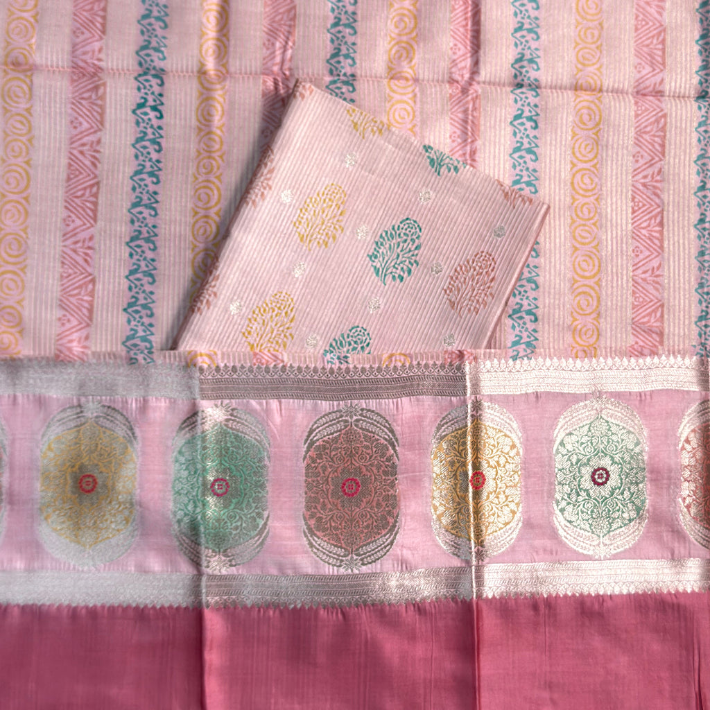 Pink Chiniya silk self woven design suit set