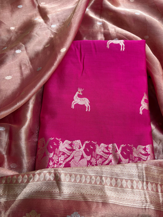 Pink Chiniya kadhwa suit with tissue dupatta