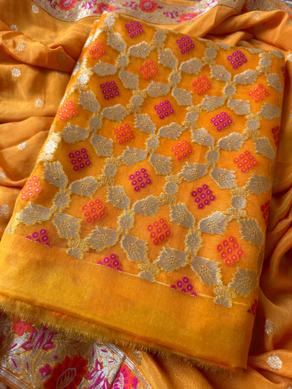 Orange mustard meendar organza kurta, chiffon dupatta and plain bottom