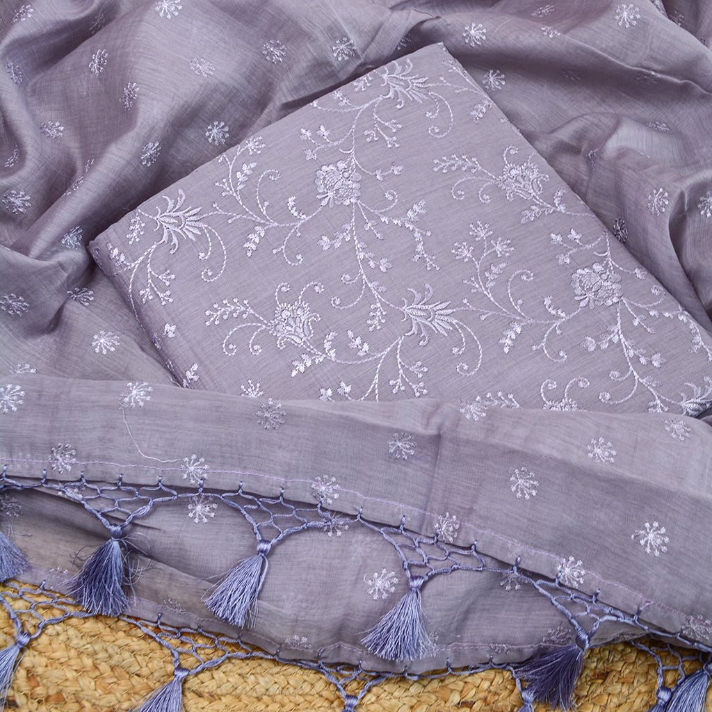 Lavender embroidered mul Chanderi suit set