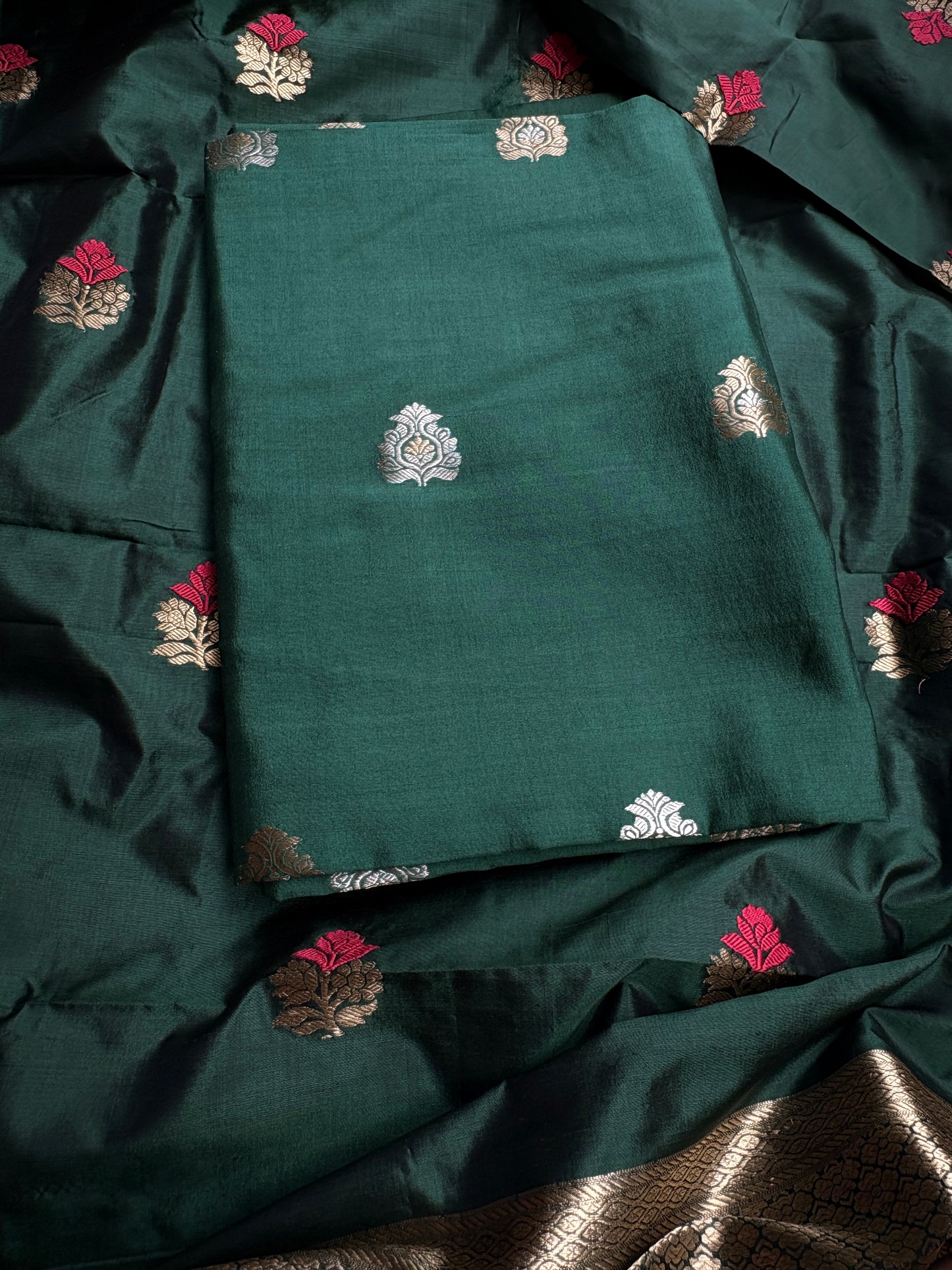 Green Chiniya silk kurta, bottom, katan silk kadhwa dupatta