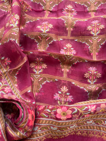 Magenta kora silk jaal suit set