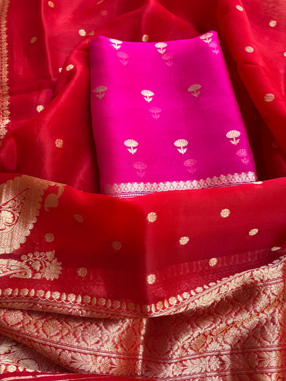 Pink kora silk kurta, red kora dupatta, plain silk bottom