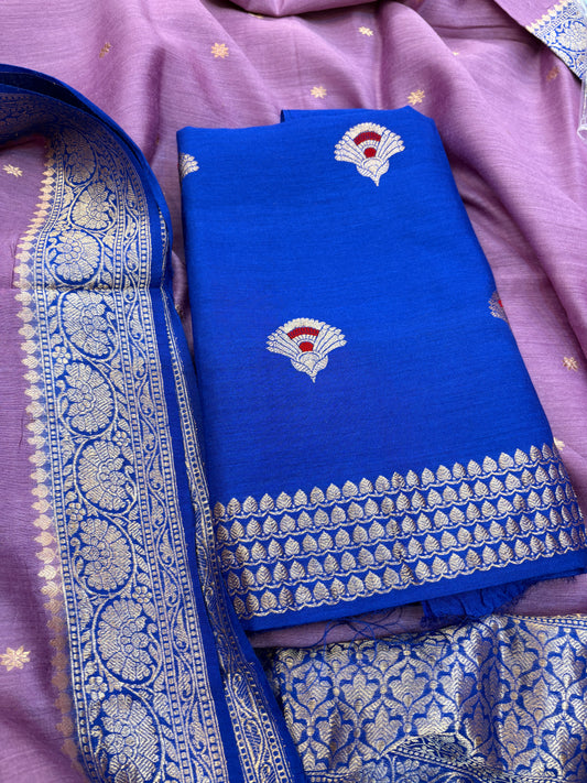 Blue moonga silk kurta, and chaap dye moonga silk dupatta