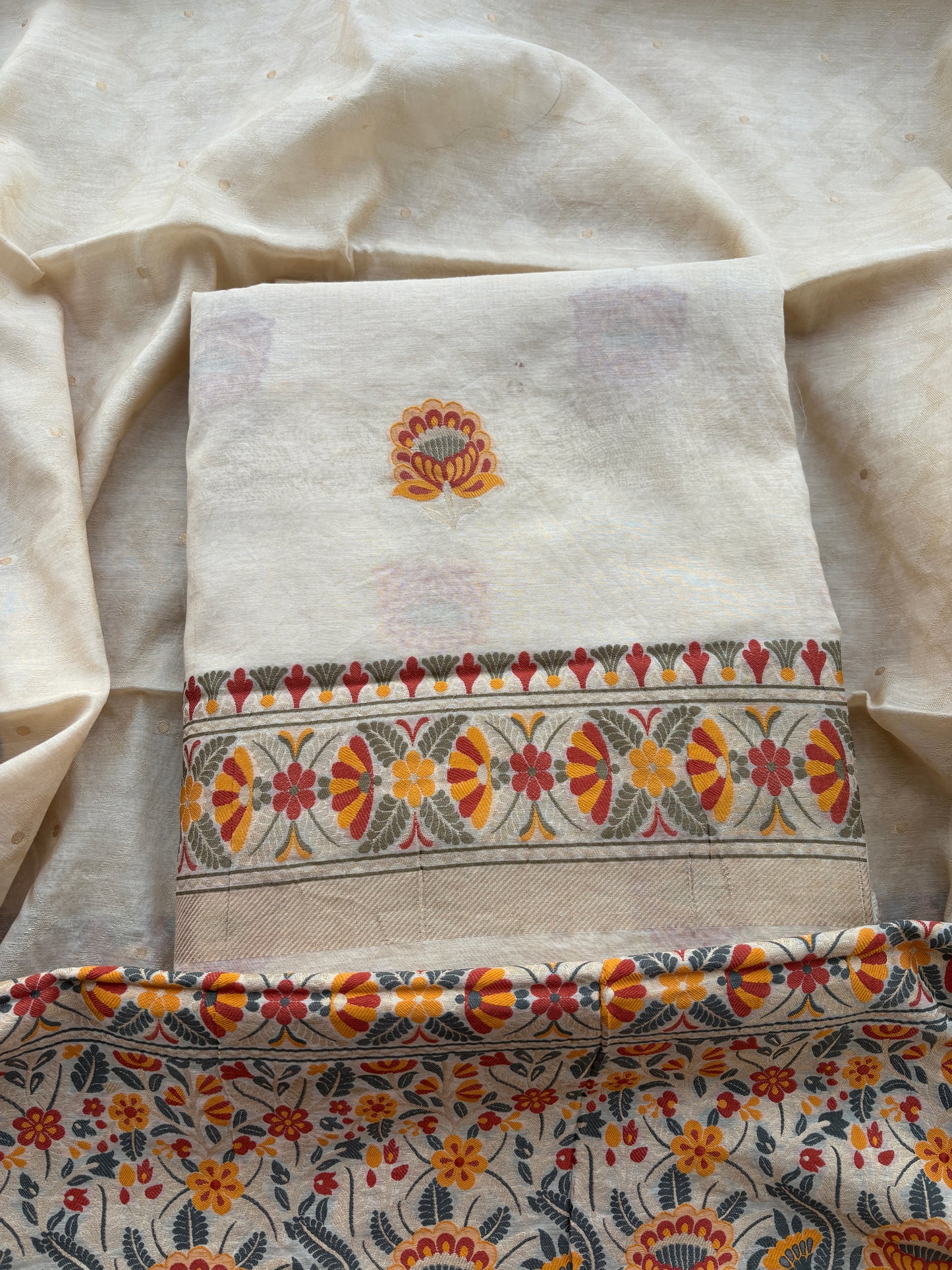 Cream Meenakari tilfi weaving Chanderi suit set