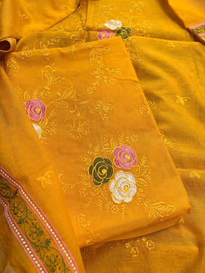 Yellow cotton embroidered suit set