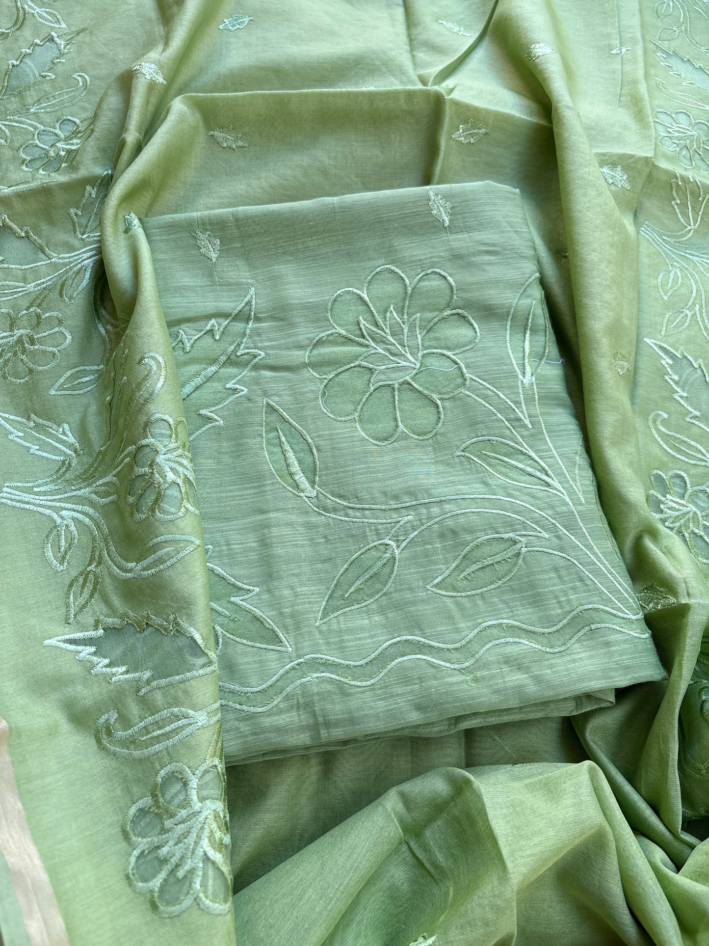 Green appliqué mul Chanderi suit set