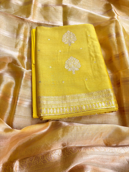 Lime yellow moonga silk kurta, bottom and tissue kadhwa dupatta