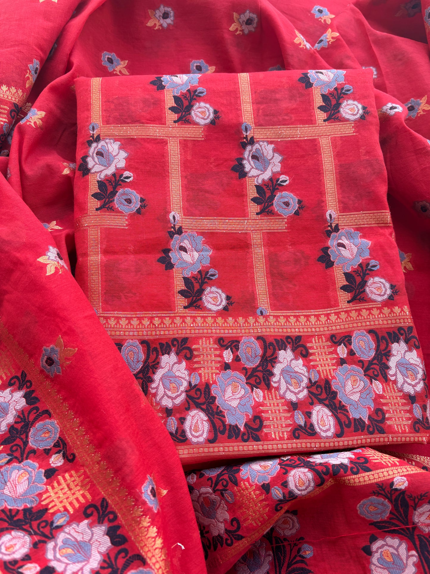 Red check design Chanderi suit set