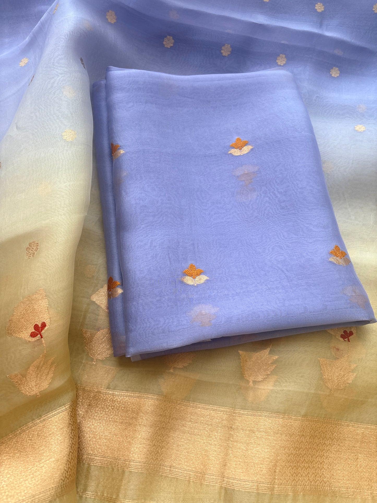 Lavender kora silk suit with yellow shaded dupatta