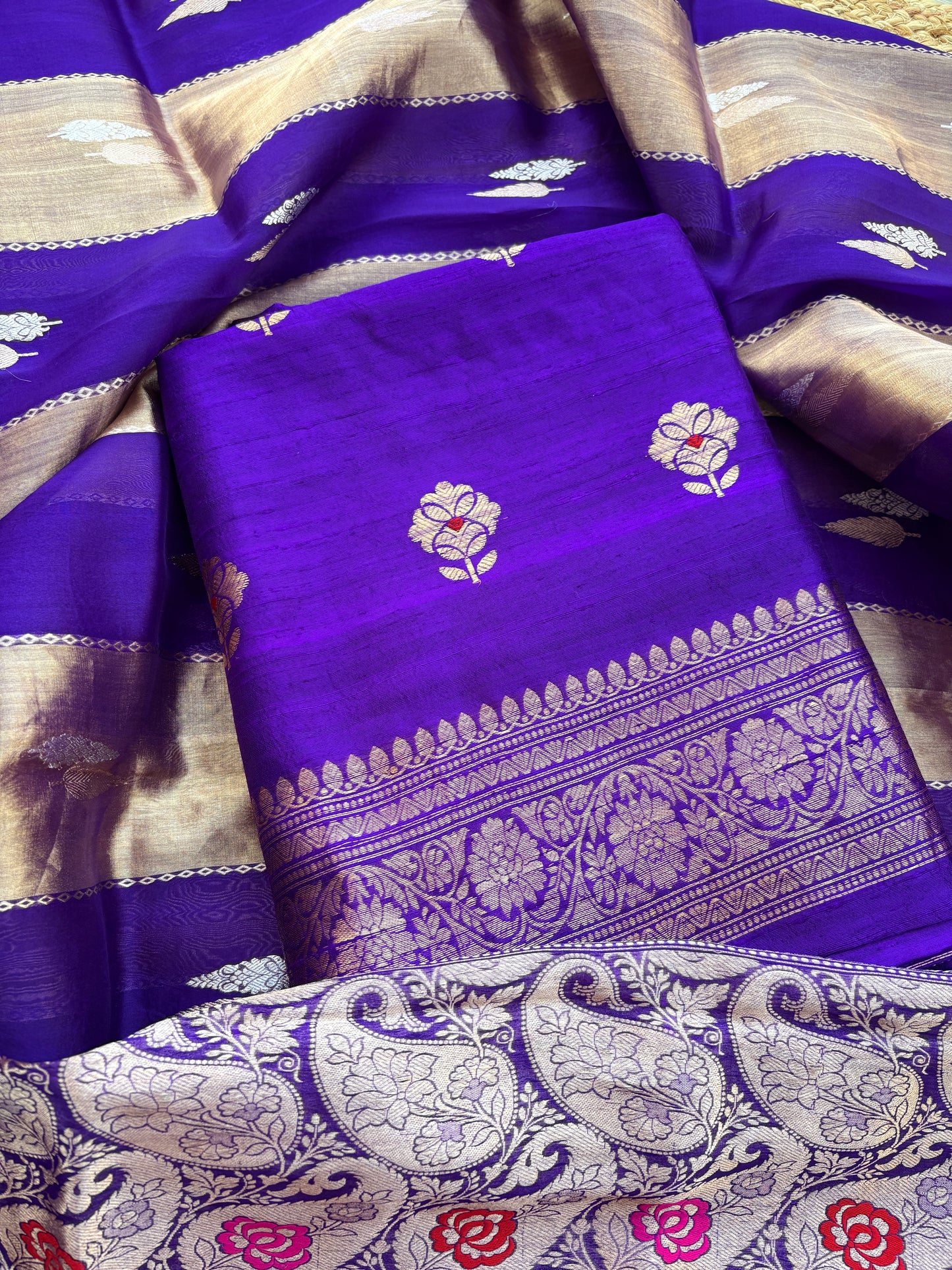 Purple raw silk kurta, bottom and kora tissue dupatta