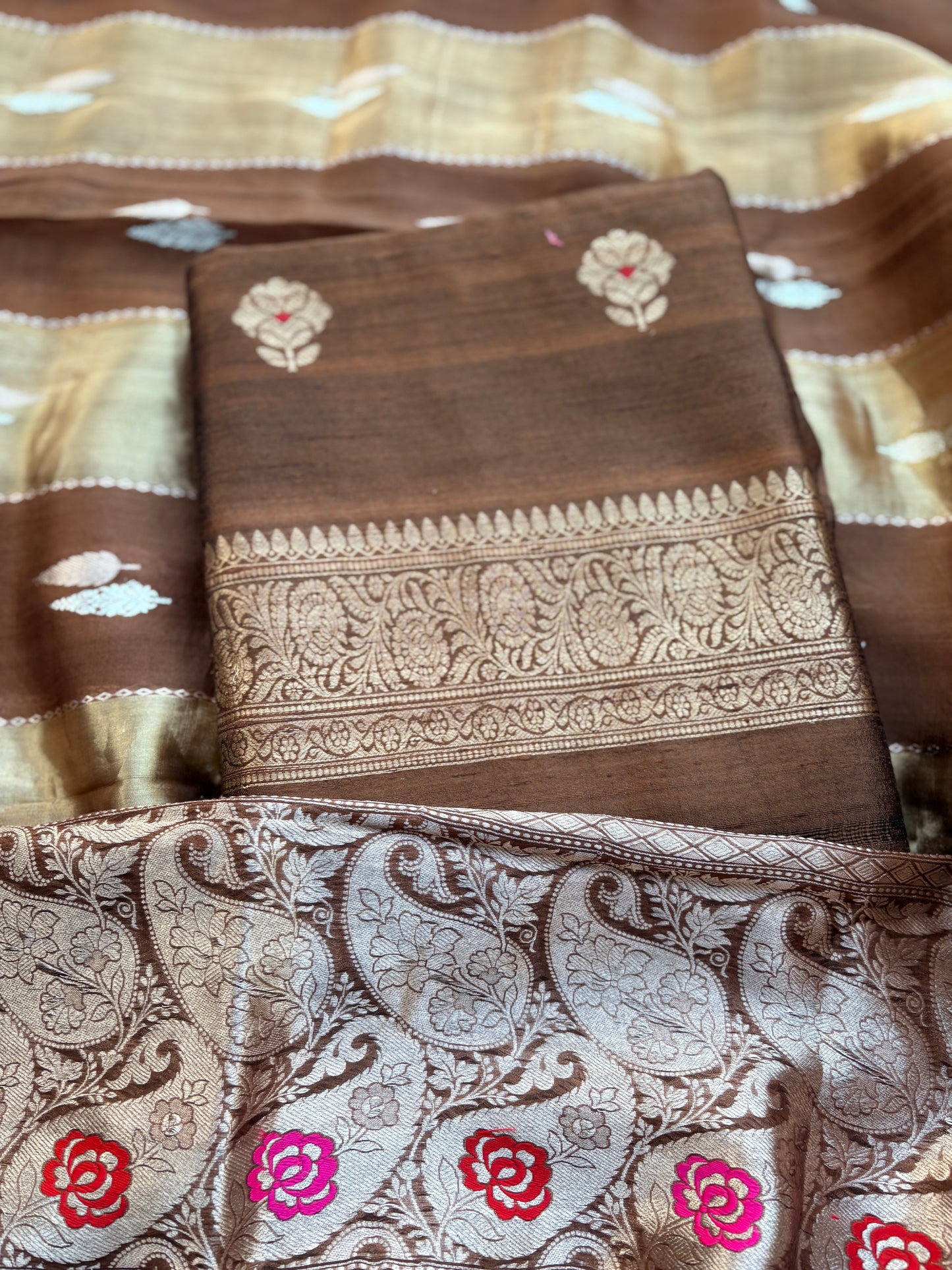 Brown raw silk suit set with kora tissue dupatta