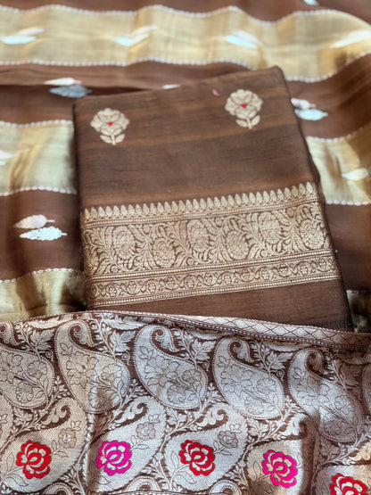 Brown raw silk suit set with kora tissue dupatta
