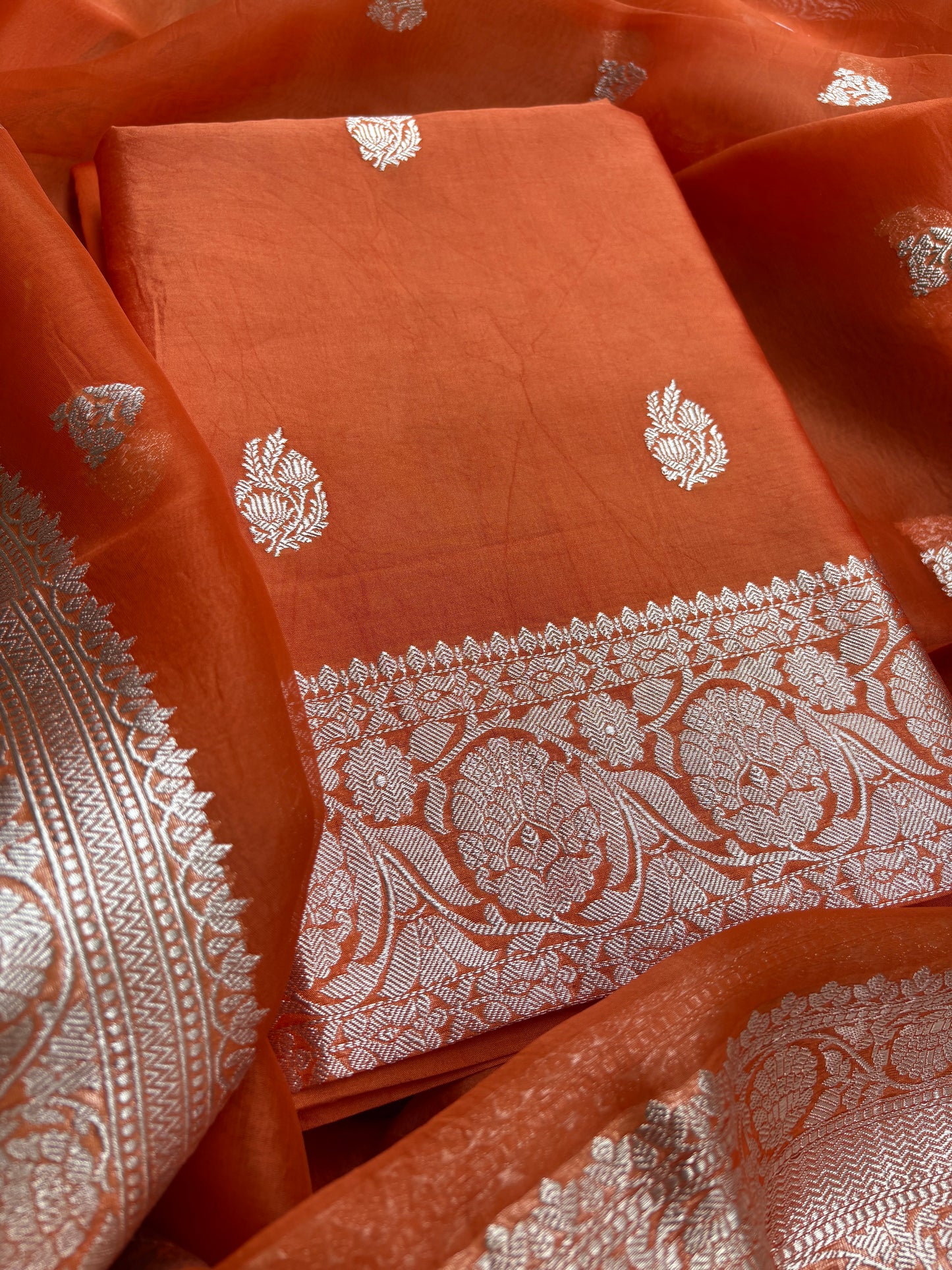 Orange Chiniya kora silver zari suit set