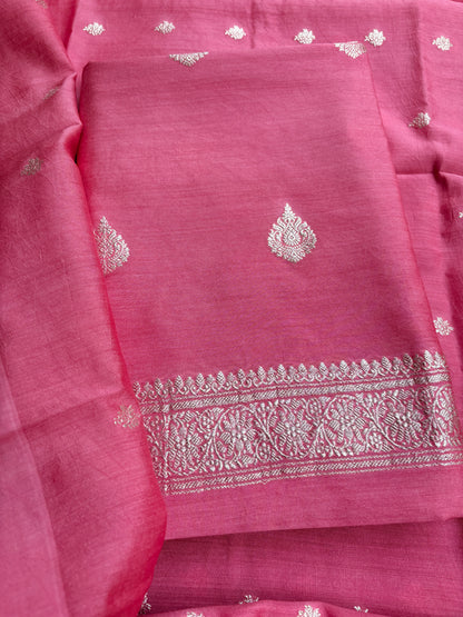 Peach moonga silk silver zari 3 piece suit set