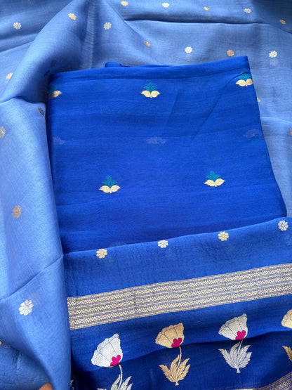 Blue kora silk suit with kadhwa dupatta