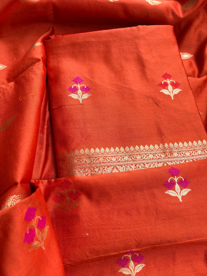 Rust orange Chiniya silk kadhwa suit set.