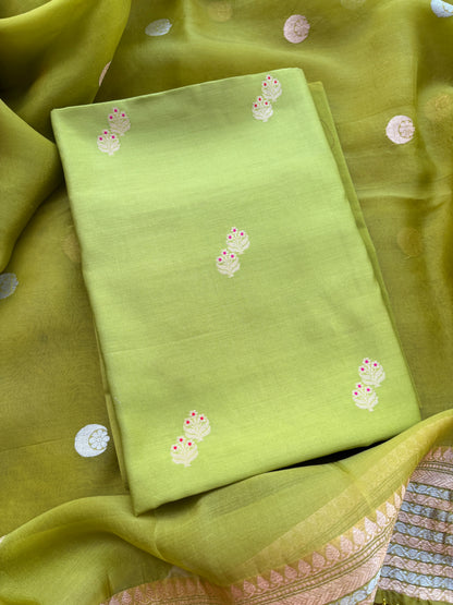 Green Chiniya silk kora suit set