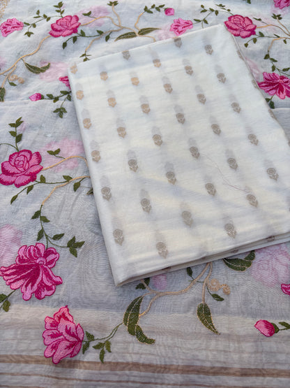 White cotton, embroidered dupatta, plain bottom