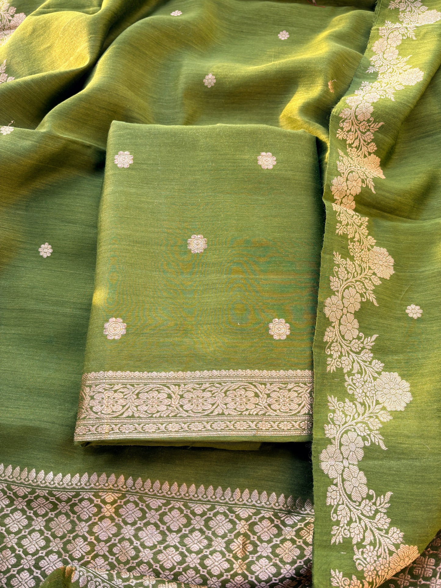 Green moonga silk kadhwa suit set