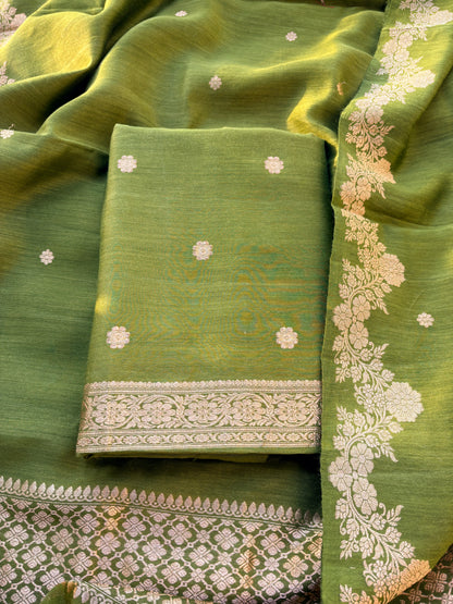 Green moonga silk kadhwa suit set