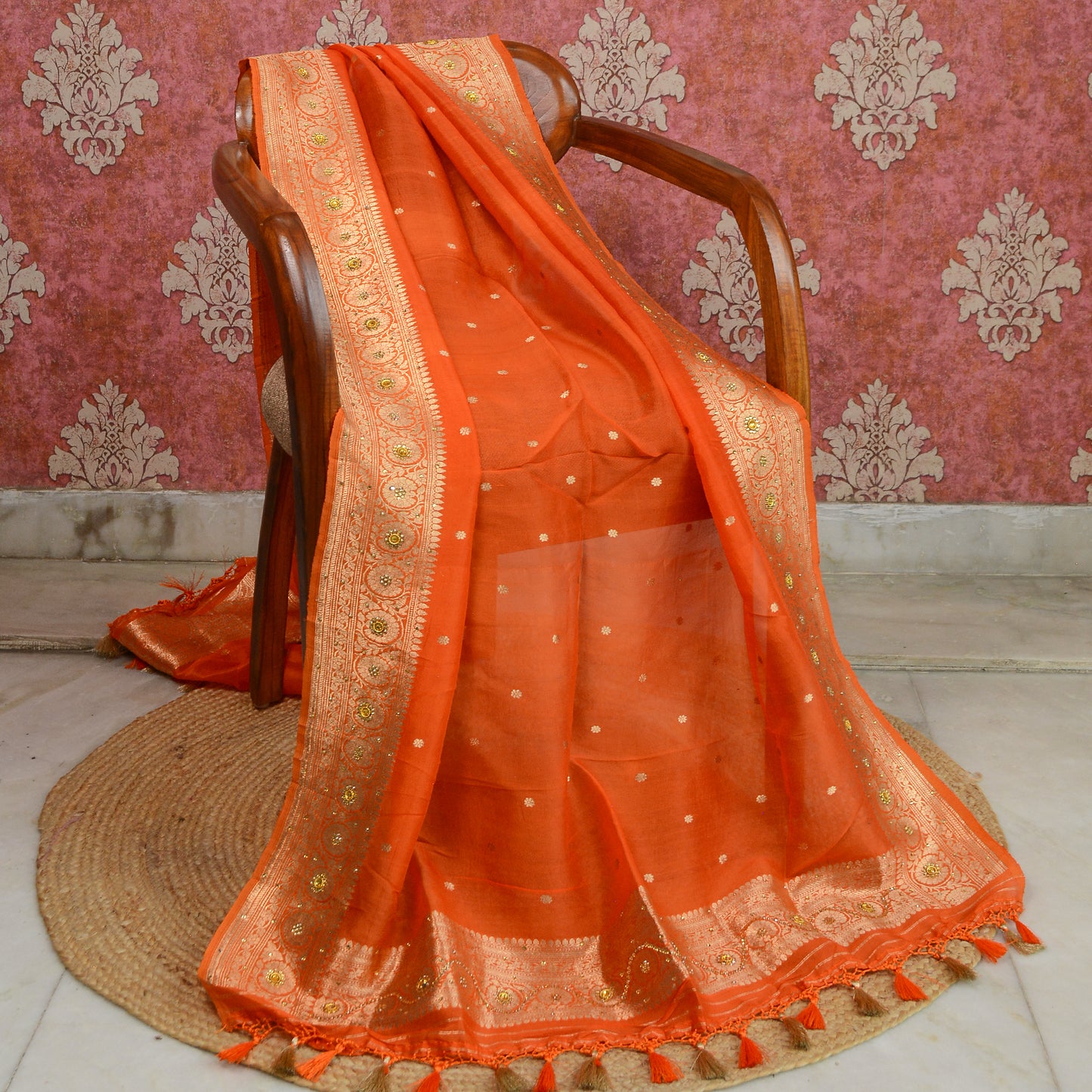 Orange Kora silk handwork dupatta